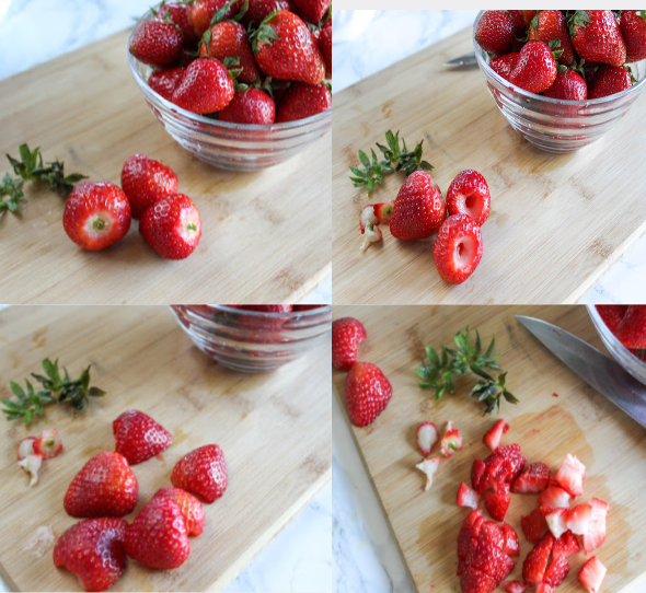 a collage of pictures showing how to cut strawberries