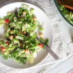 overhead view of greek salad on a plate