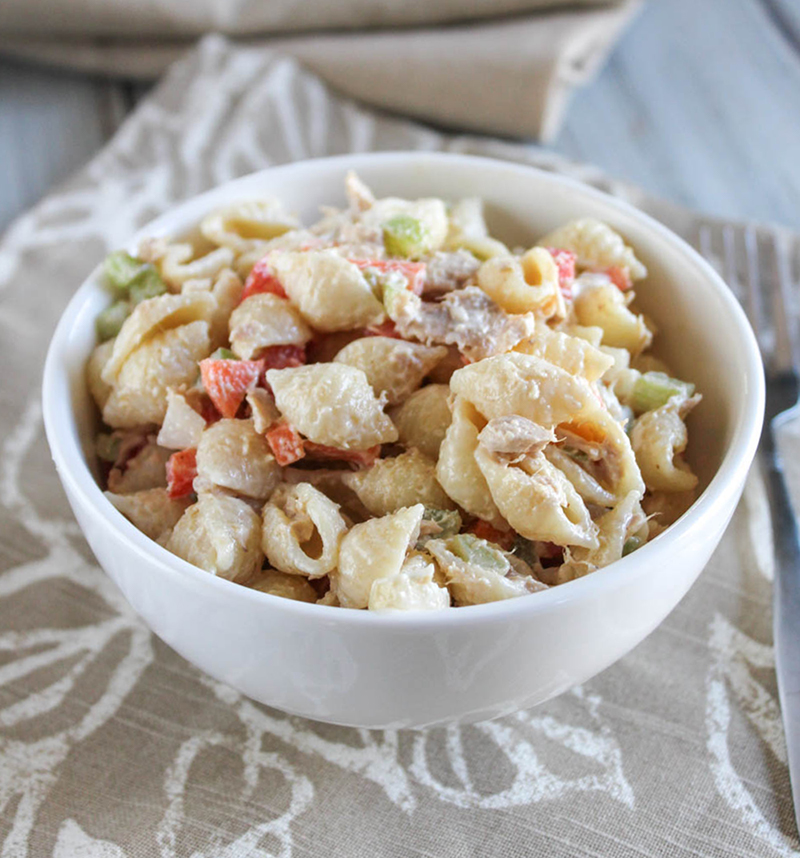 tuna mac salad in a white bowl