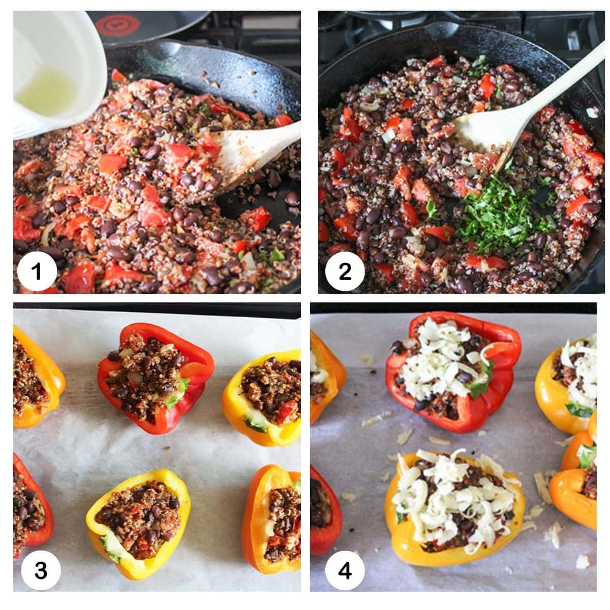 a collage of pictures showing how to make vegetarian stuffed peppers, cooking in a pan, stuffing and filling the peppers