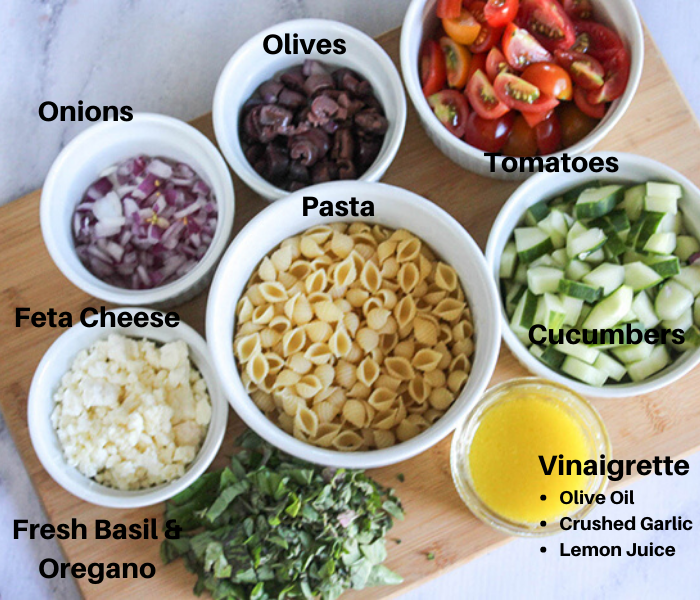 all of the ingredoemts for the salad in white bowls: chopped herbs, feta cheese, onions, olives, tomatoes, cucumbers pasta and dressing