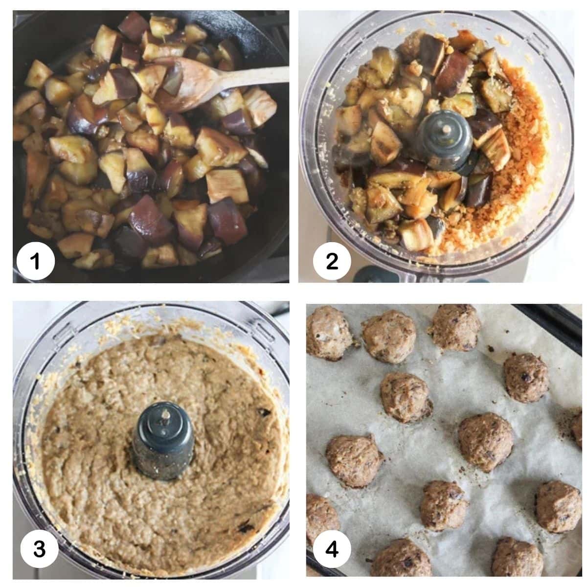 a collage of process steps needed to make eggplant meatballs 