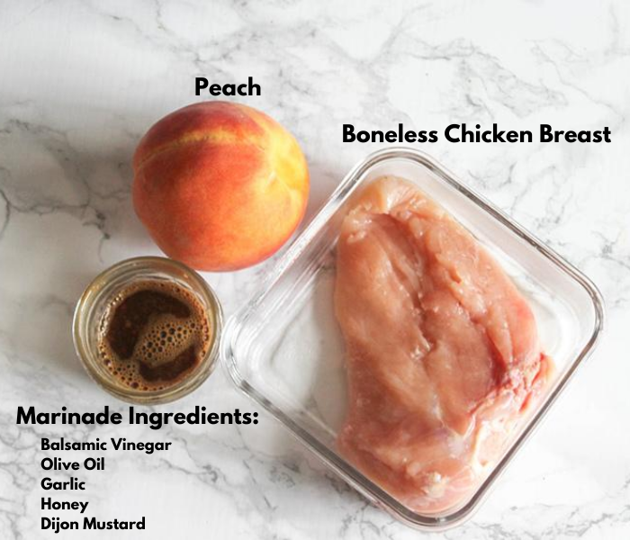 Grilled peaches with chicken ingredients: marinade, peach and chicken