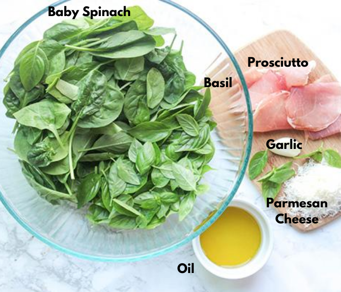An overhead view of the ingredients: Baby spinach in a bowl, prosciutto, garlic, parmesan cheese and oil on a cutting board