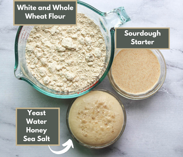 a overhead view of the ingredients: flour, dissolved yeast, and sourdough starter