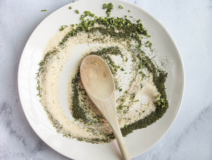 The ingredients mixed together on a white plate