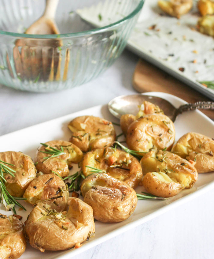 Rosemary garlic potatoes on a platter