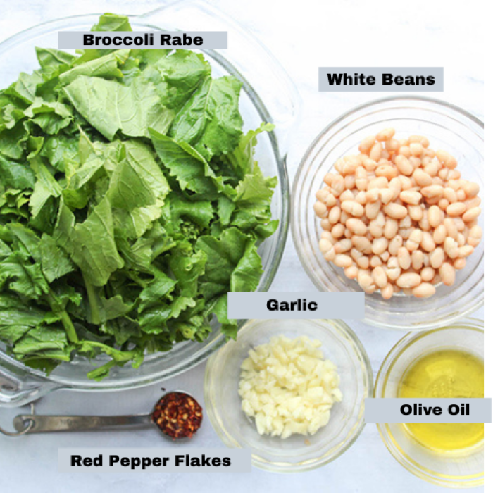 an overhead view of the ingredients in separate bowls: broccoli rabe, red pepper flakes, chopped garlic, olive oil, white beans