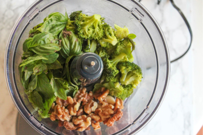 broccoli, walnuts and pesto in a food processor