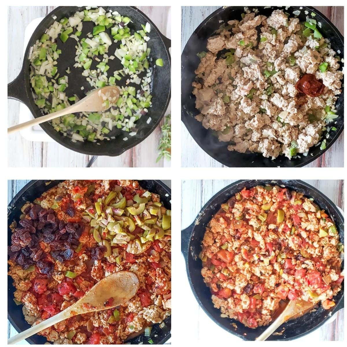 a collage of photos showing the steps needed to make  chicken picadillo