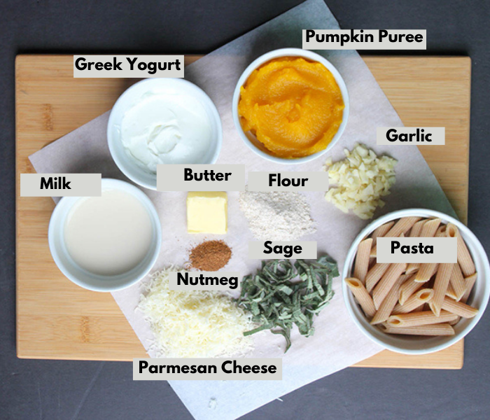 The ingredients: Clockwise Milk, Greek Yogurt. Pumpkin Puree, Garlic, Pasta, Sage, Nutmeg, cheese, butter and flour