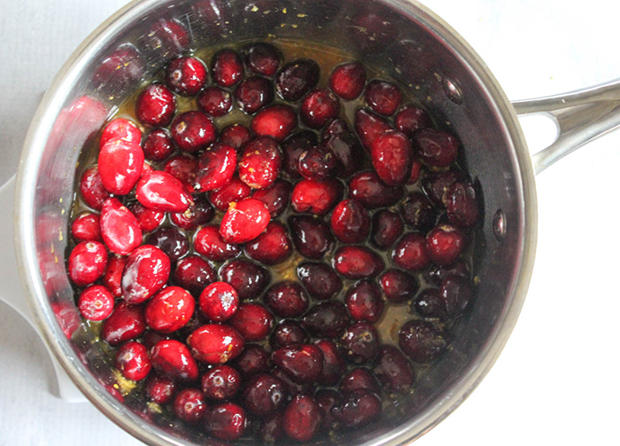 cranberries and juice in a saucepan