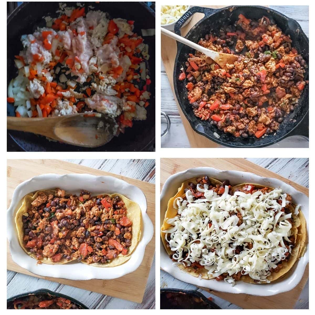 a 4 picture collage showing the steps needed to make black bean and ground chicken casserole