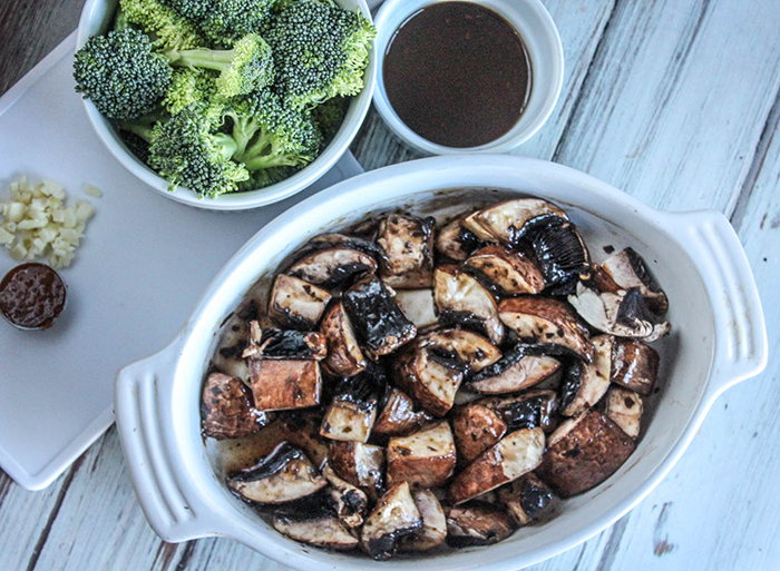 The Ingredients: marinated raw portobello mushrooms, sriracha sauce, garlic, broccoli and Korean BBQ Sauce