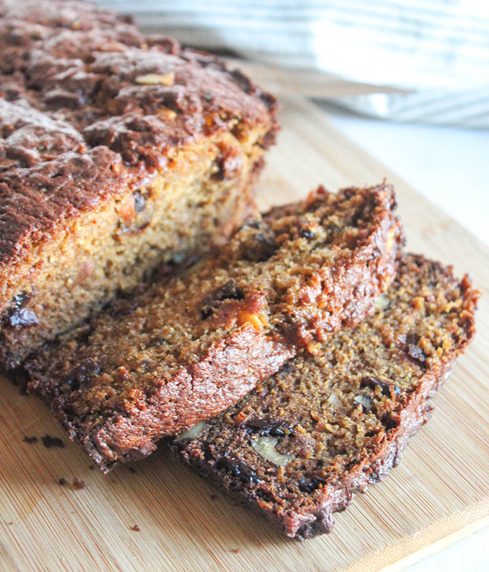 a close up of sliced persimmon bread.