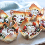 a close up of veggie lovers wonton pizza bites on a white plate