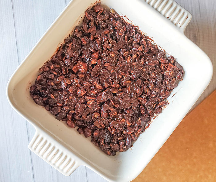 almond nugget mixture in a baking pan