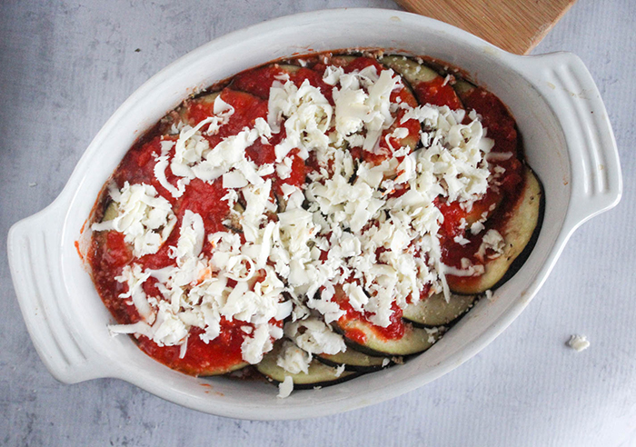 photo of eggplant casserole assembled and ready for the oven