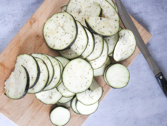 overhead view of slices of eggplant