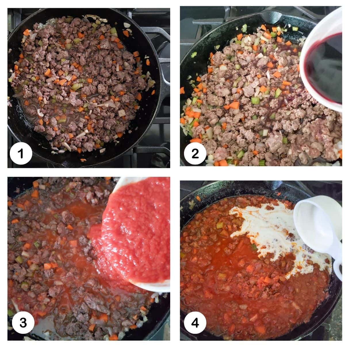 a collage of pictures showing steps to make Bolognese sauce: brown the meat, cook the vegetables, add wine, add tomates