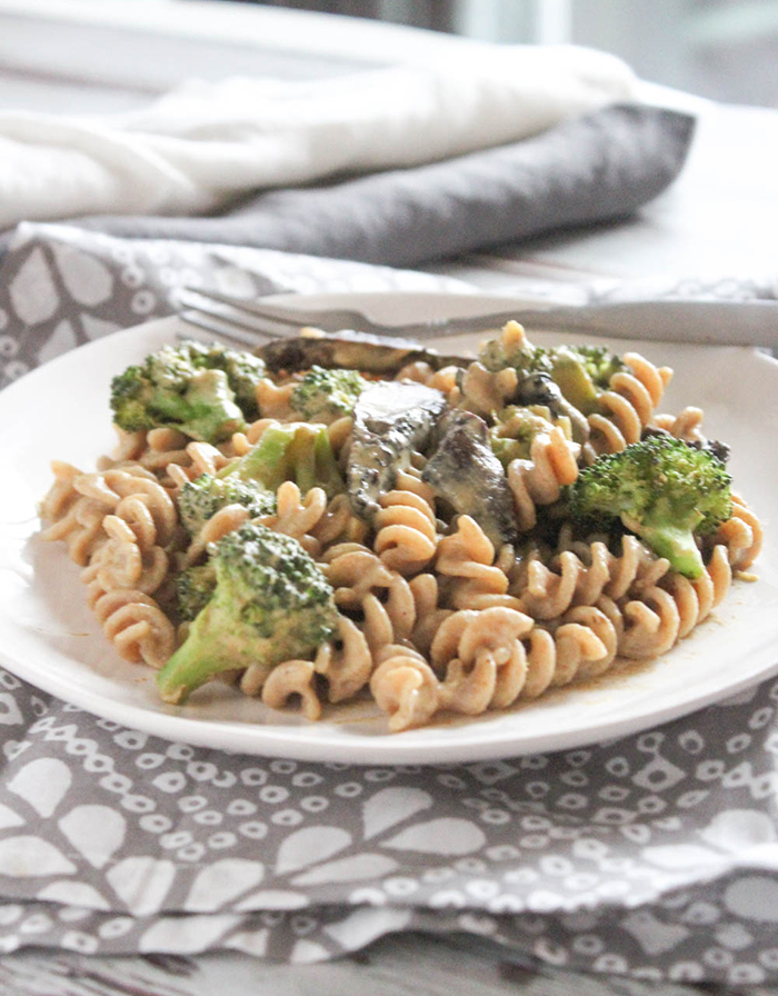 a close up photo of vegan mac and cheese on a plate
