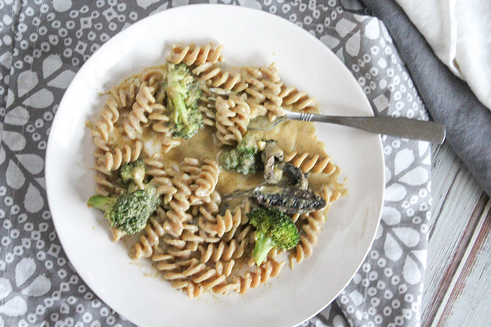 an overhead shot of the vegan mac and cheese on a white plate