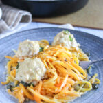 chicken meatballs on a plate with butternut squash noodles