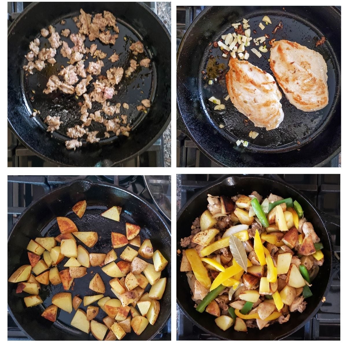 a collage of 4 pictures showing the steps to make chicken giambotta sausage cookng, chicken cooking, potatoes, cooknig and last all ingredients in a pan