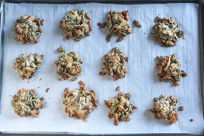 An overhead view of the baked coconut clusters.