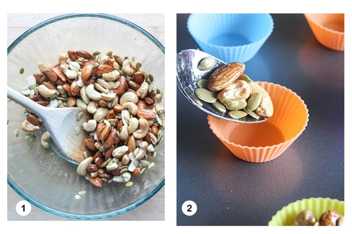 two photos showing steps for cashew clusters