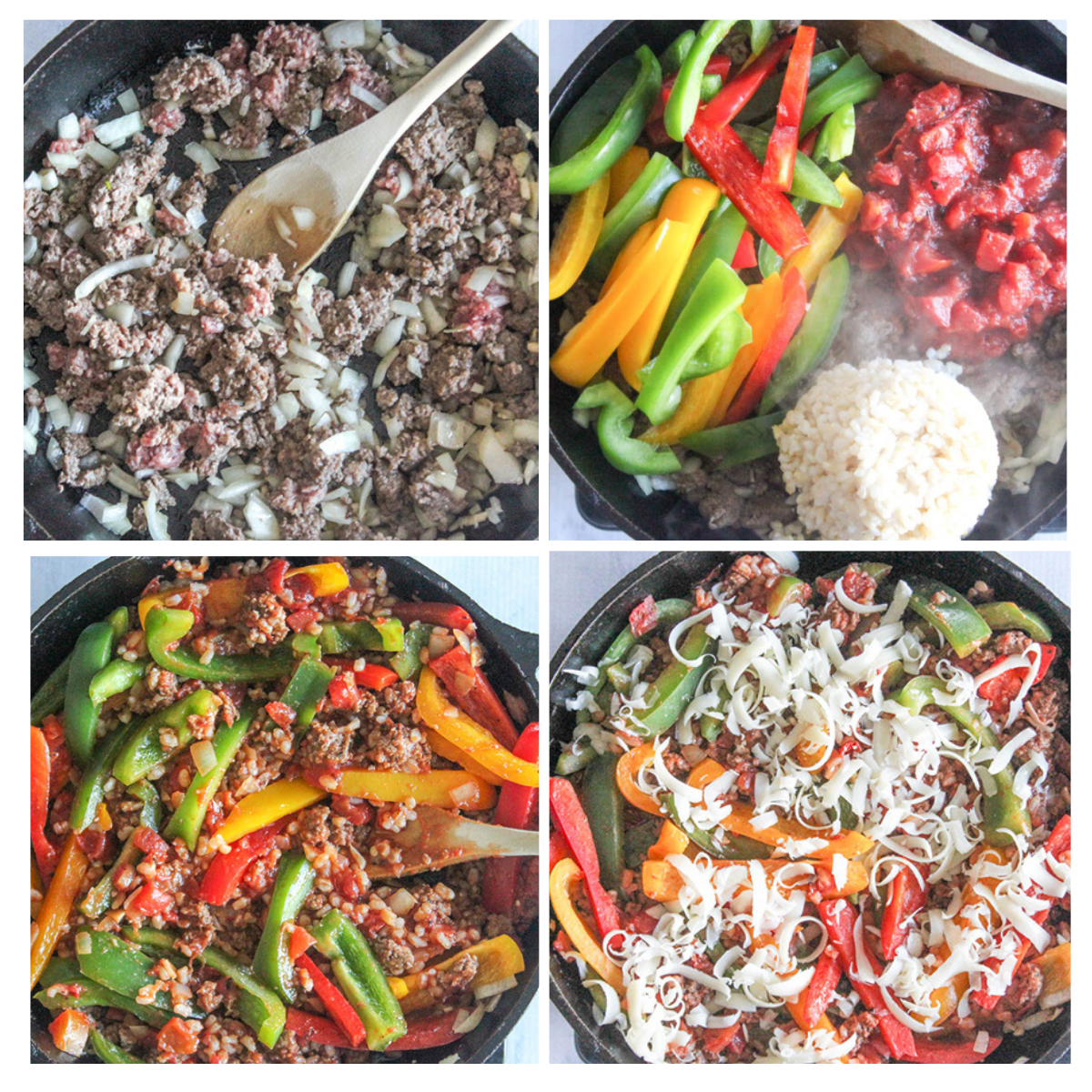 a collage of four photos showing the process of the steps necessary to make deconstructed stuffed peppers in a skillet