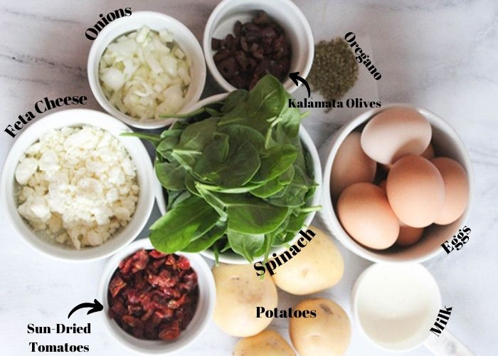 Mediterranean quiche ingredients: sun-dried tomatoes, feta cheese, onions, olives, oregano, eggs, milk potatoes and spinach