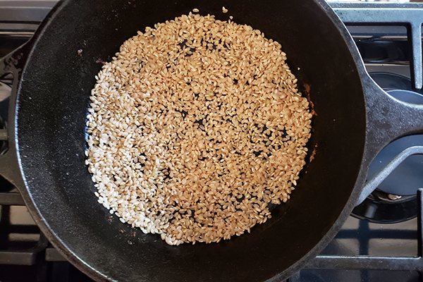 brown rice in a skillet