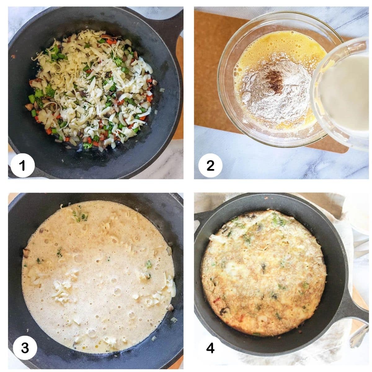a collage of photos showing steps to make vegetable breakfast pie: cook the veggies and top with cheese. Make the batter, pour it into the pan and bake