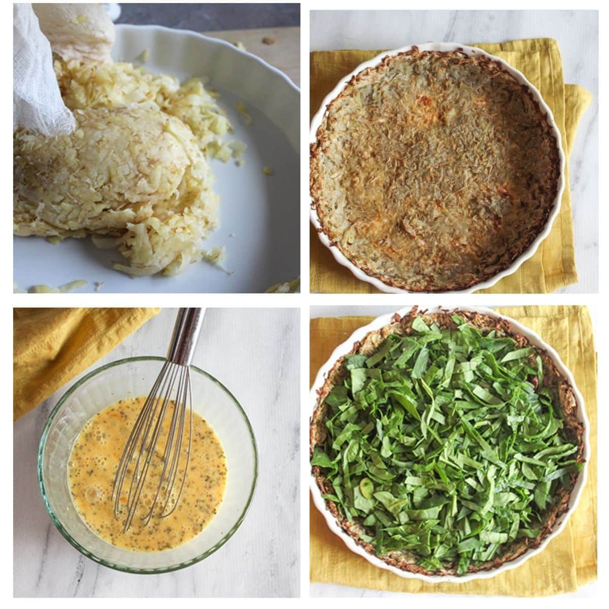 a collage of photos showing main steps needed to make the mediterraneann quiche