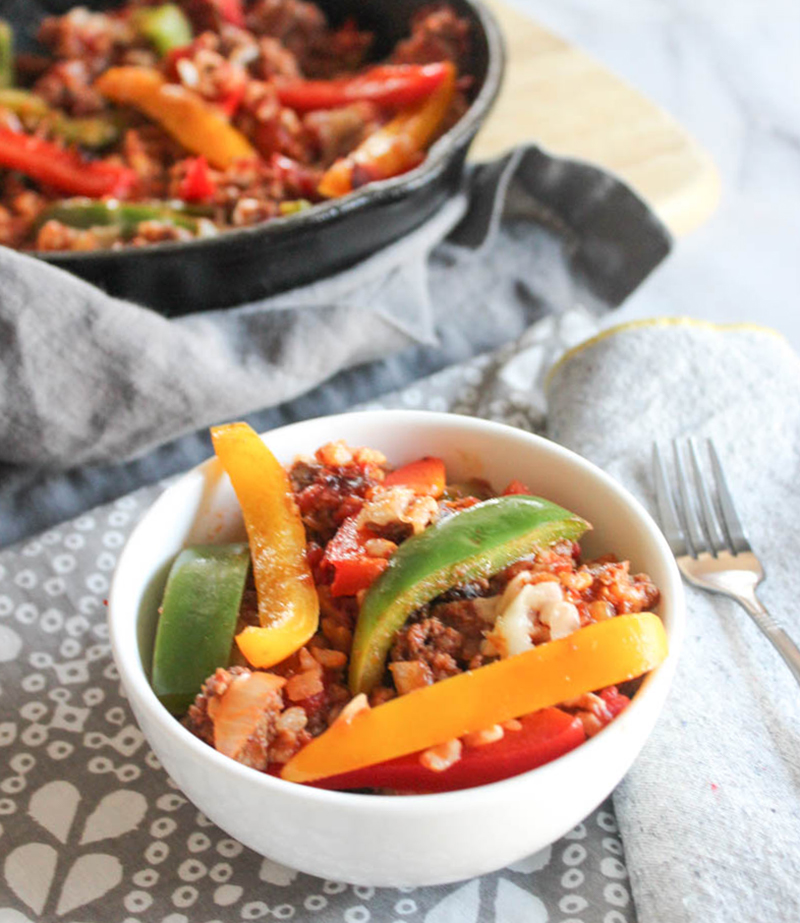 deconstructed stuffed peppers in a white bowl