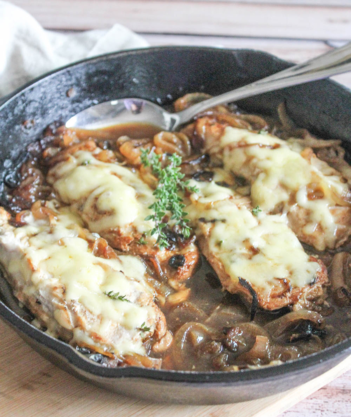 onion soup chicken in a skillet