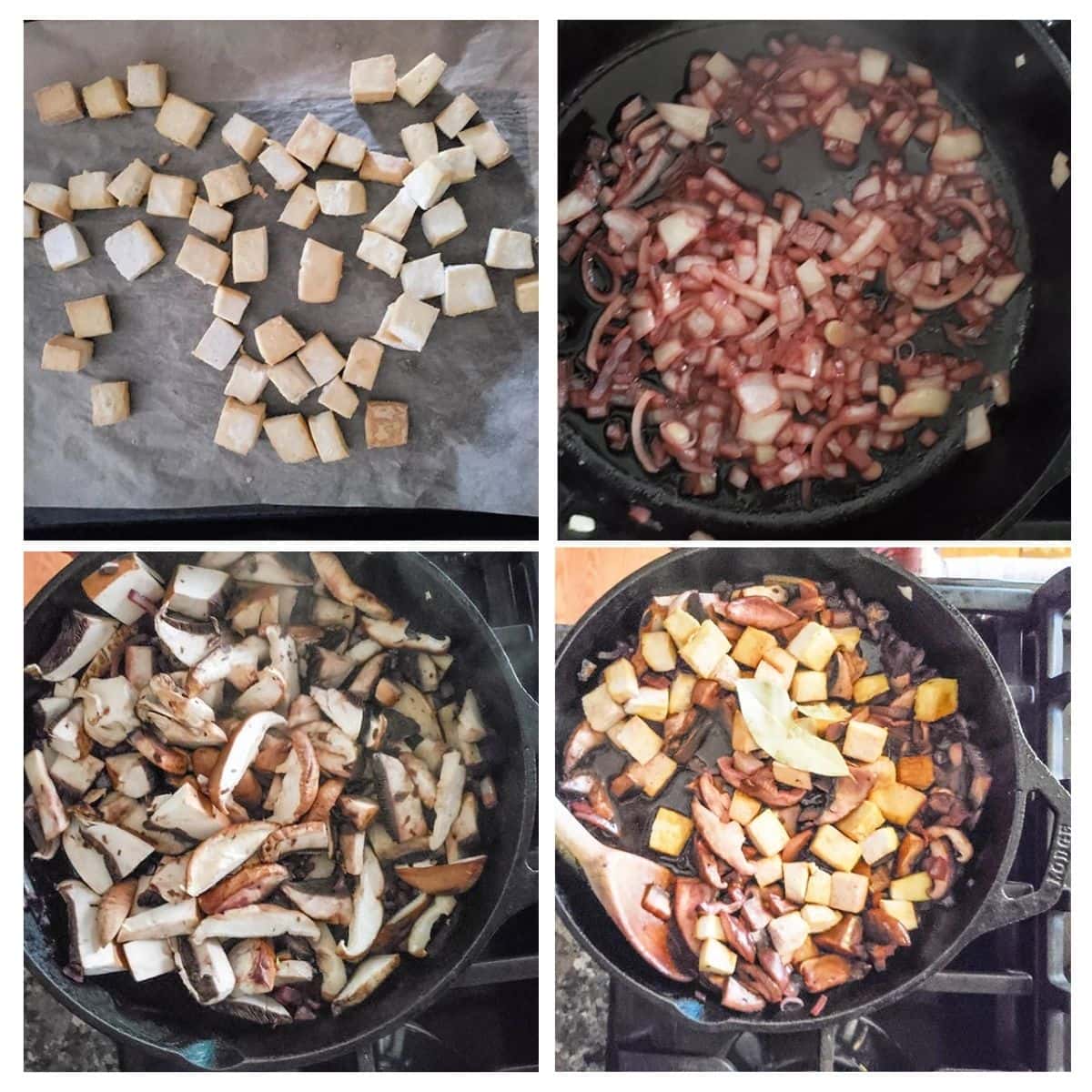 a collage showing the process steps needed to make tofu stroganoff 