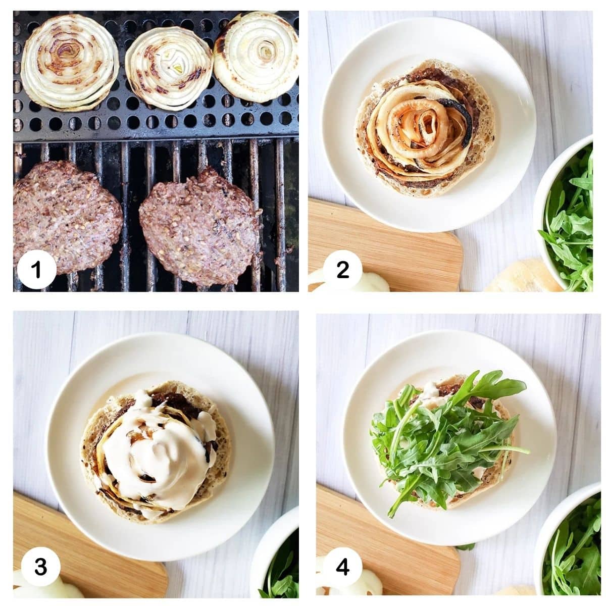 a picture of the process steps needed to make grilled onion burgers grill the meat and onions, and assemble the burger
