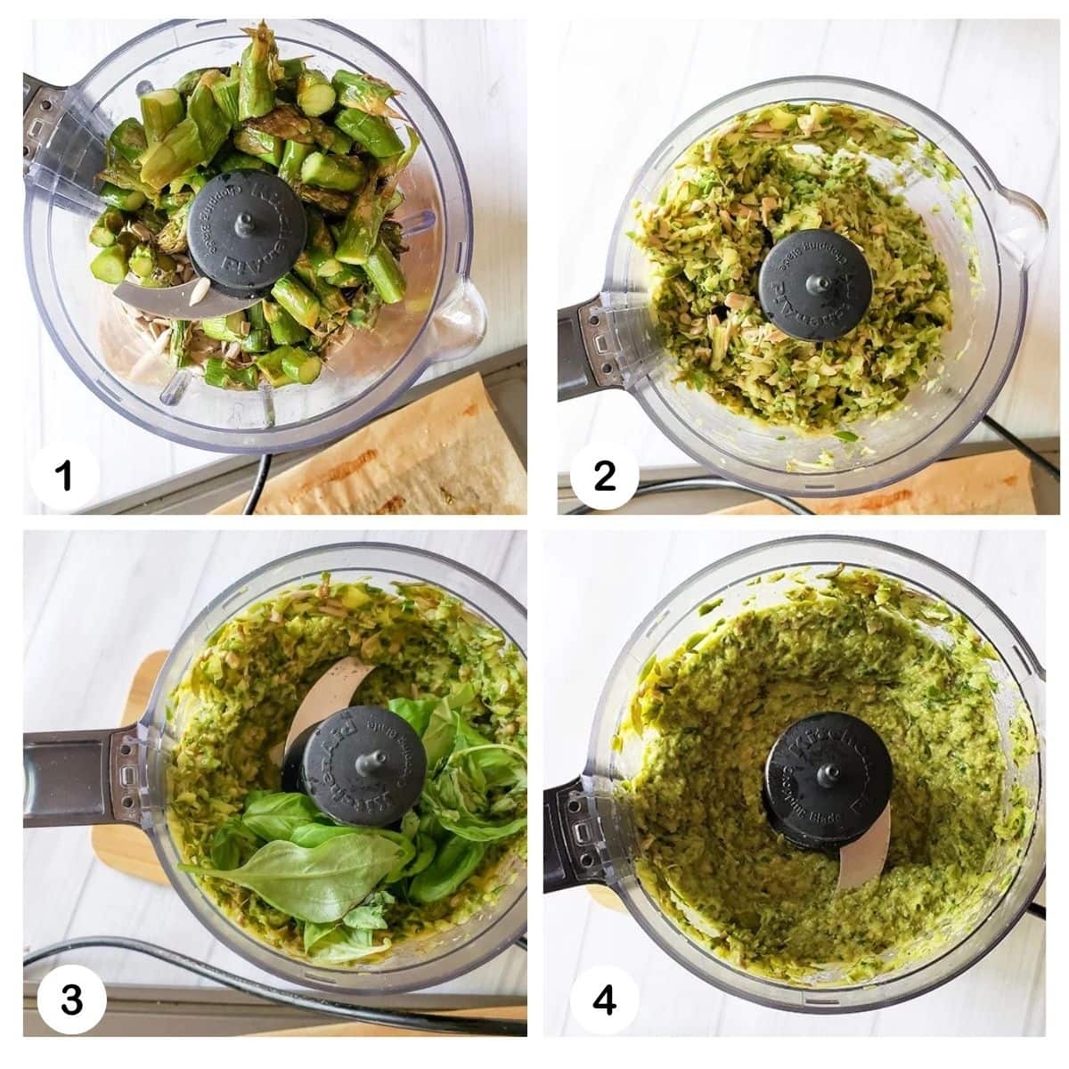 a collage of pictures showing the steps needed to make asparagus pesto
