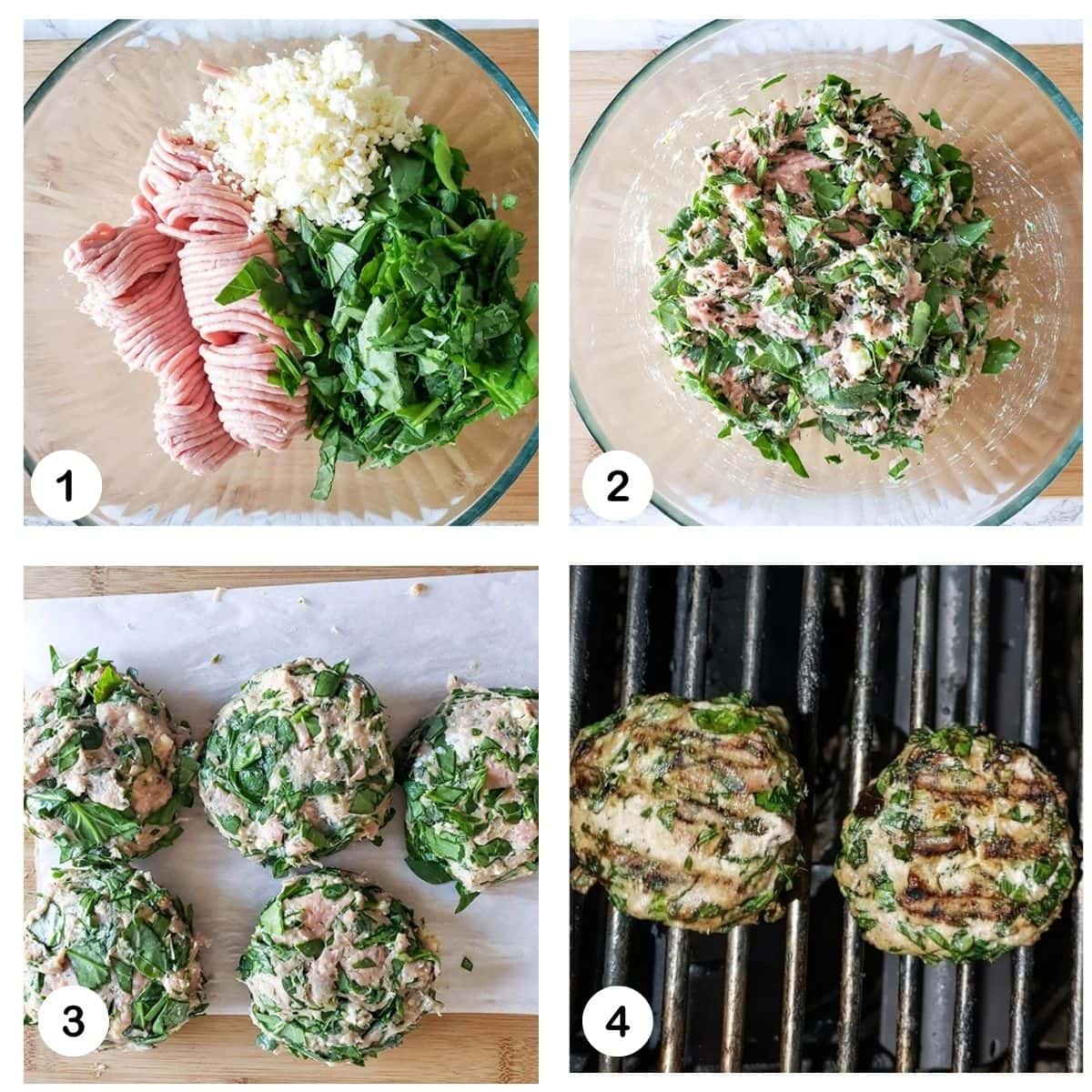 a collage of photos showing the steps to make greek turkey burgers 1: ground turkey, cheese and spinach in a glass bowl. 2: the ingredients mixed together in a glass bowl. 3. the patties formed on parchment paper, 4. two patties cooking on a grill