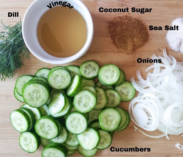 Cucumbers in vinegar ingredients: onions, cucumbers, dill and vinegar