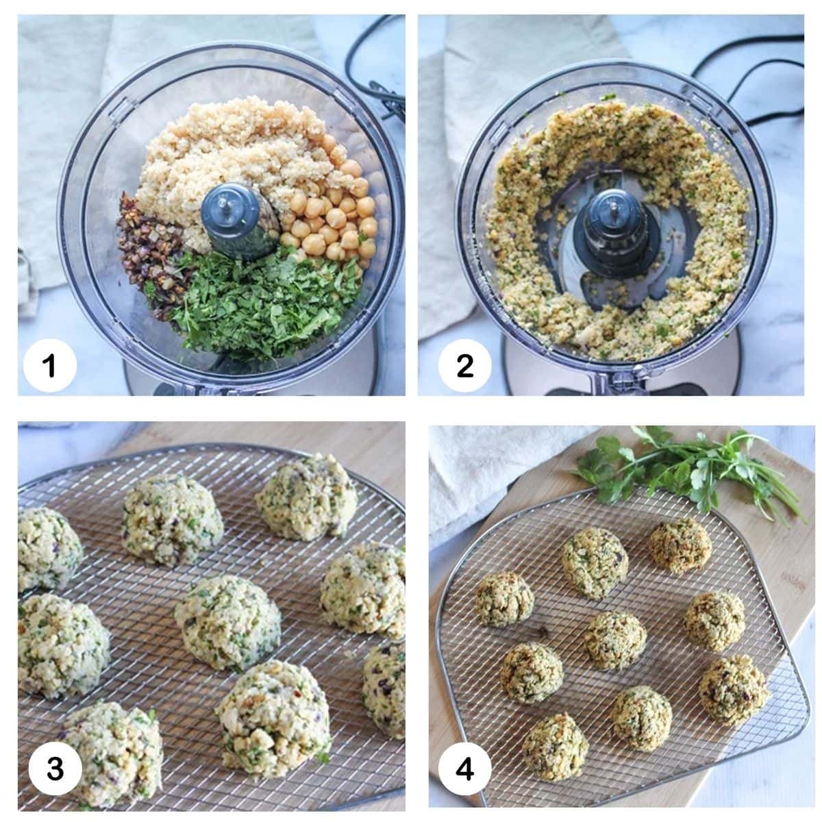 a collage of process photos showing the steps to make the falafel