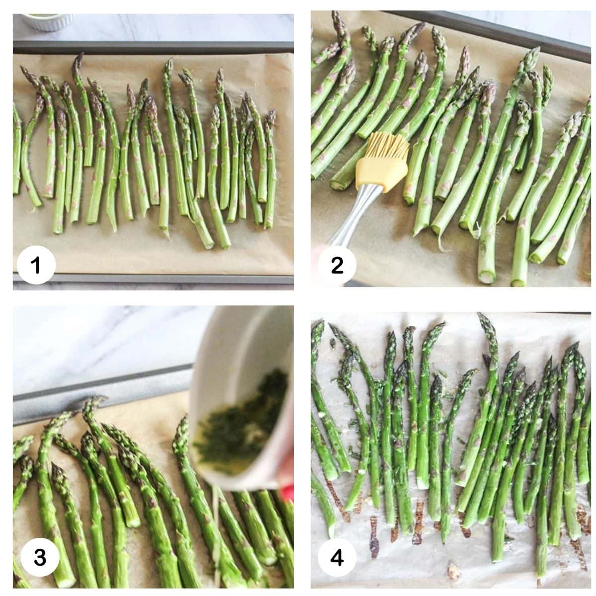 a collage of photos showing how to make garlic butter asparagus