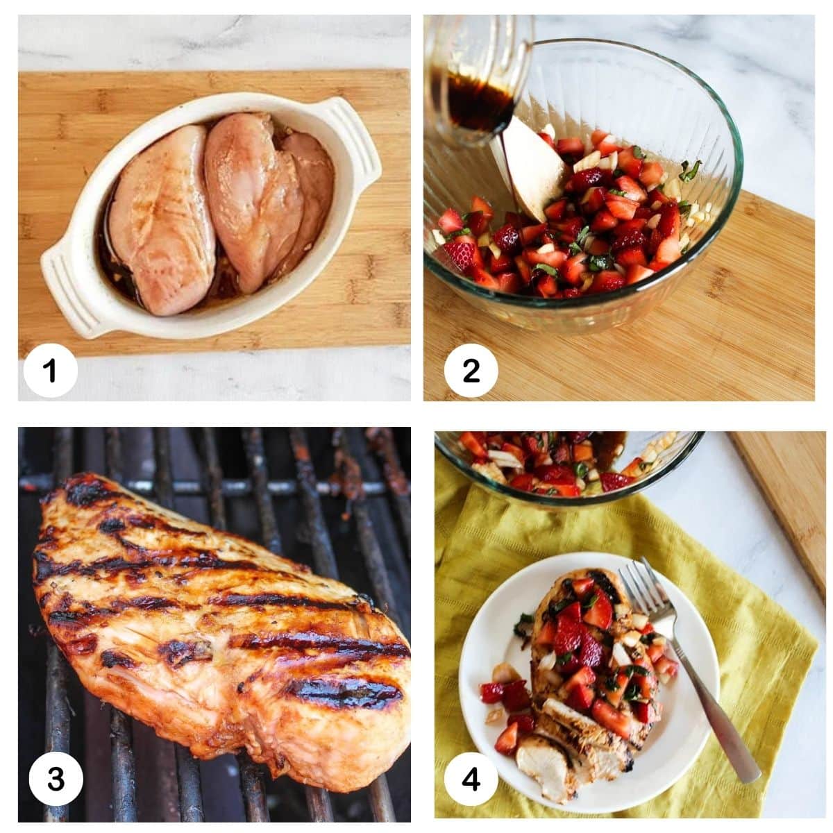 A COLLAGE showing the process steps to make grilled chicken with strawberry salsa. Marinaing chicken, making salsa, grilling chicken and plating it