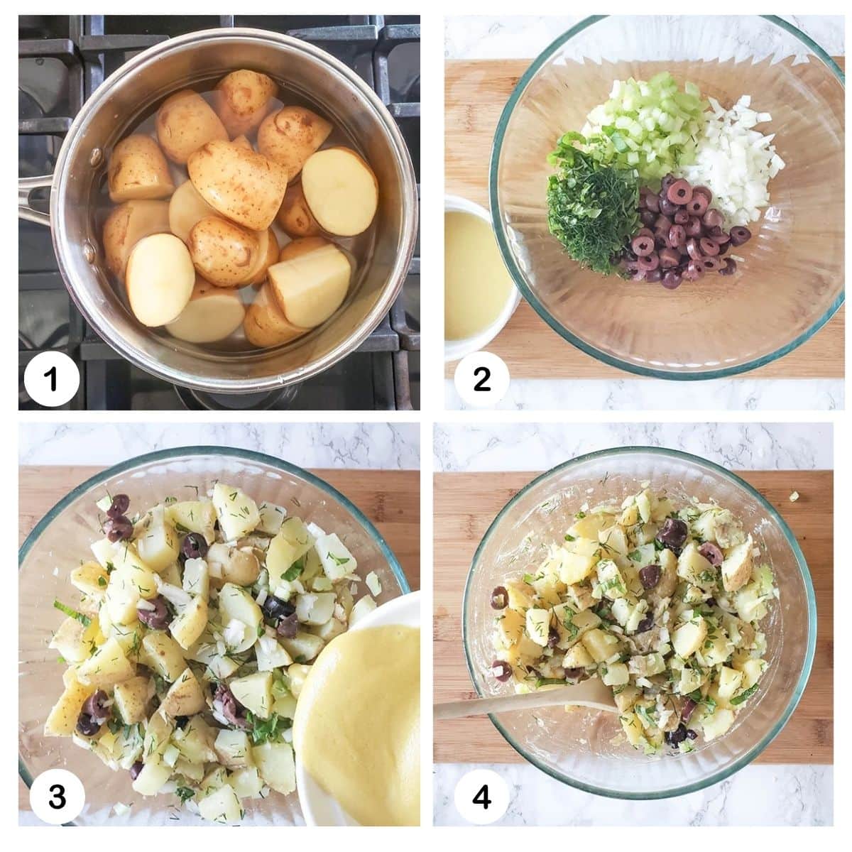 a collage showing the steps to make potato salad