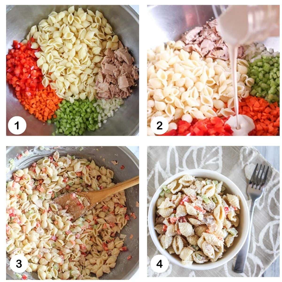 a collage of pictures showing steps to make this tuna mac salad: add the salad ingredients to a bowl, add ressing, mix it up, and serve
