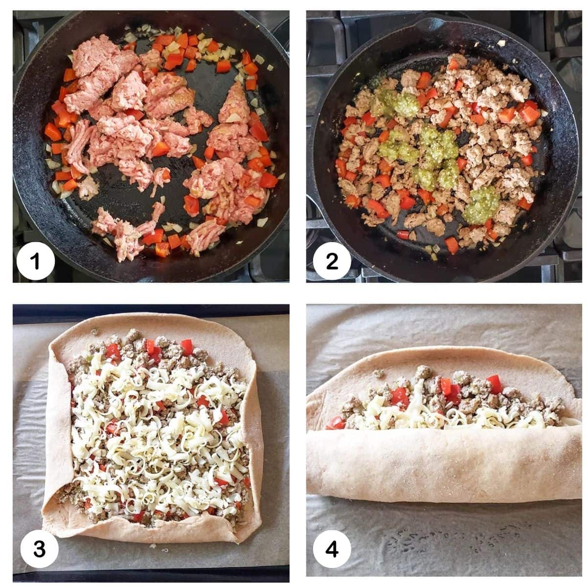 a collage of pictures showing the steps needed to make chicken stromboli 