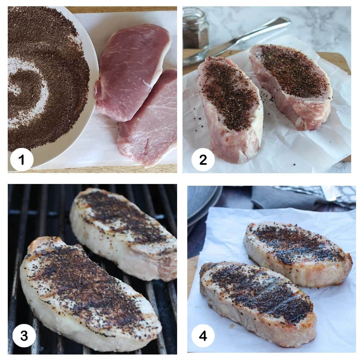 a collage of pictures showing the steps necessary to make coffee rubbed pork chops