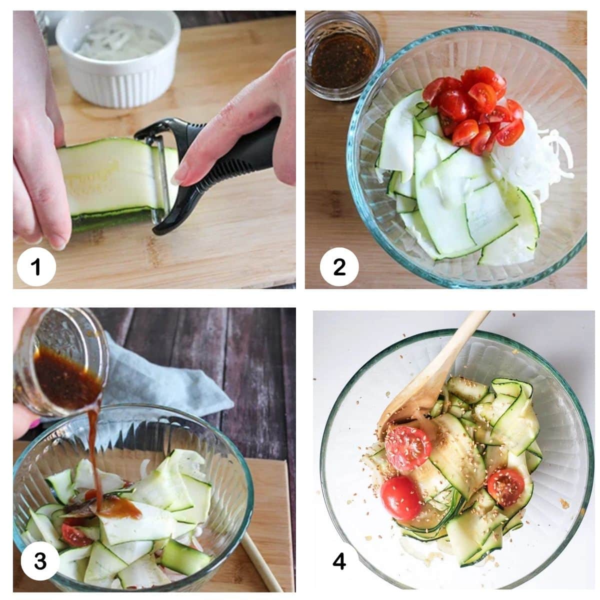 a collage of process photos to make zucchini ribbon salad: slicing, ingredients in a bowl, pouring dressing, and tossed
